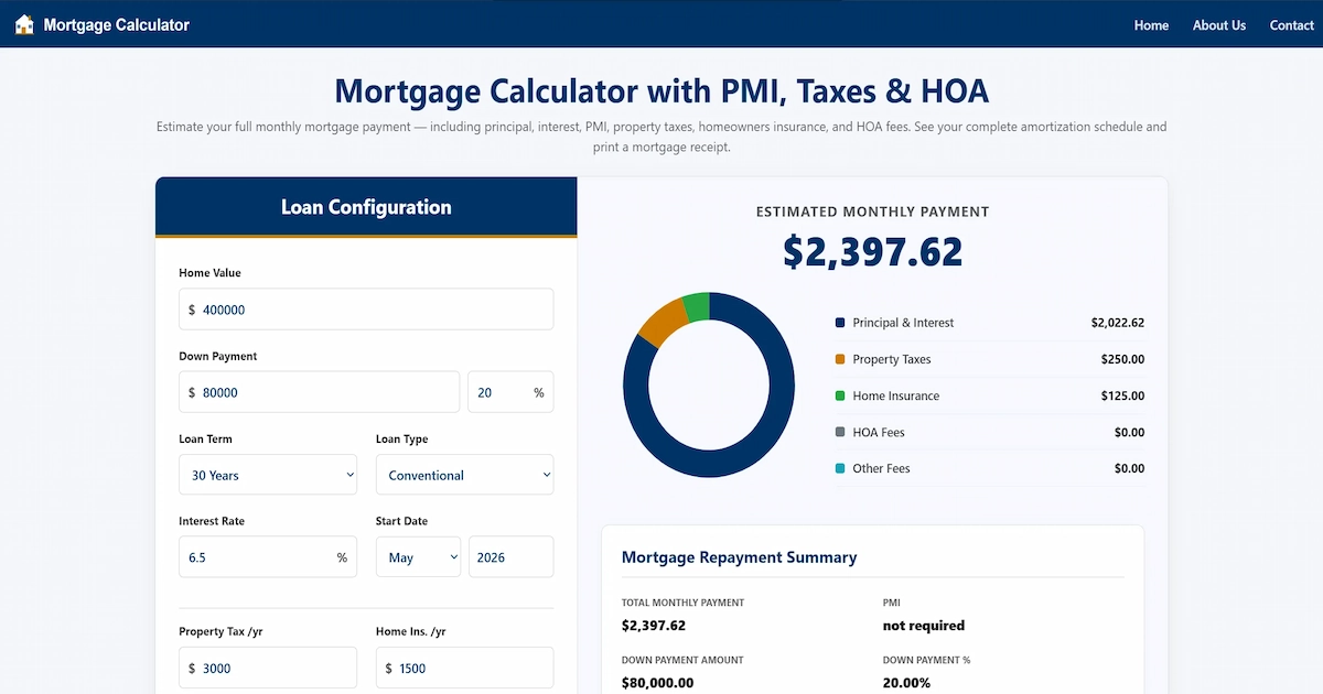 Mortgage Calculator with PMI, Taxes &amp; HOA | Free US Home Loan Estimator